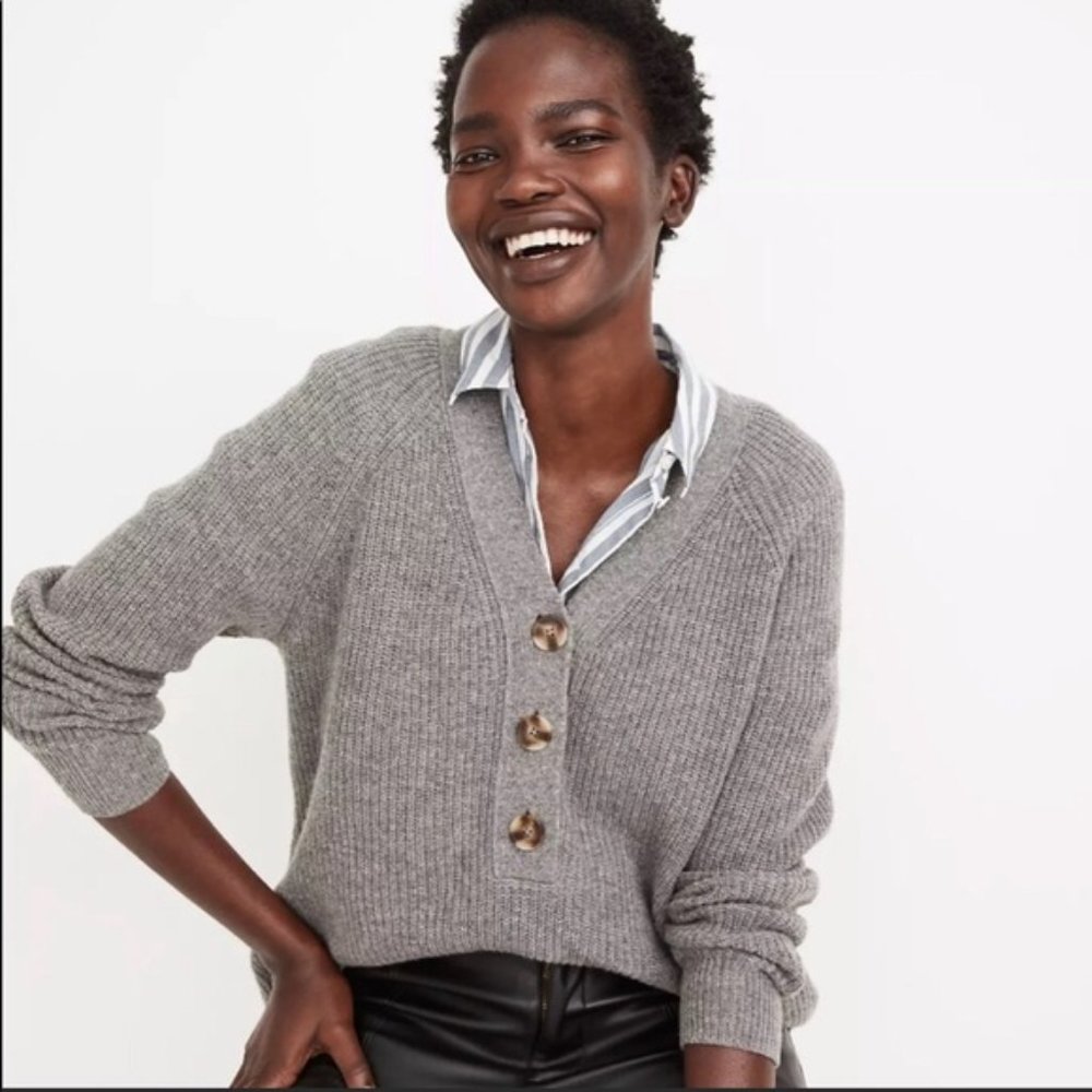 Madewell Ribbed Lyle Gray Henley Button Sweater